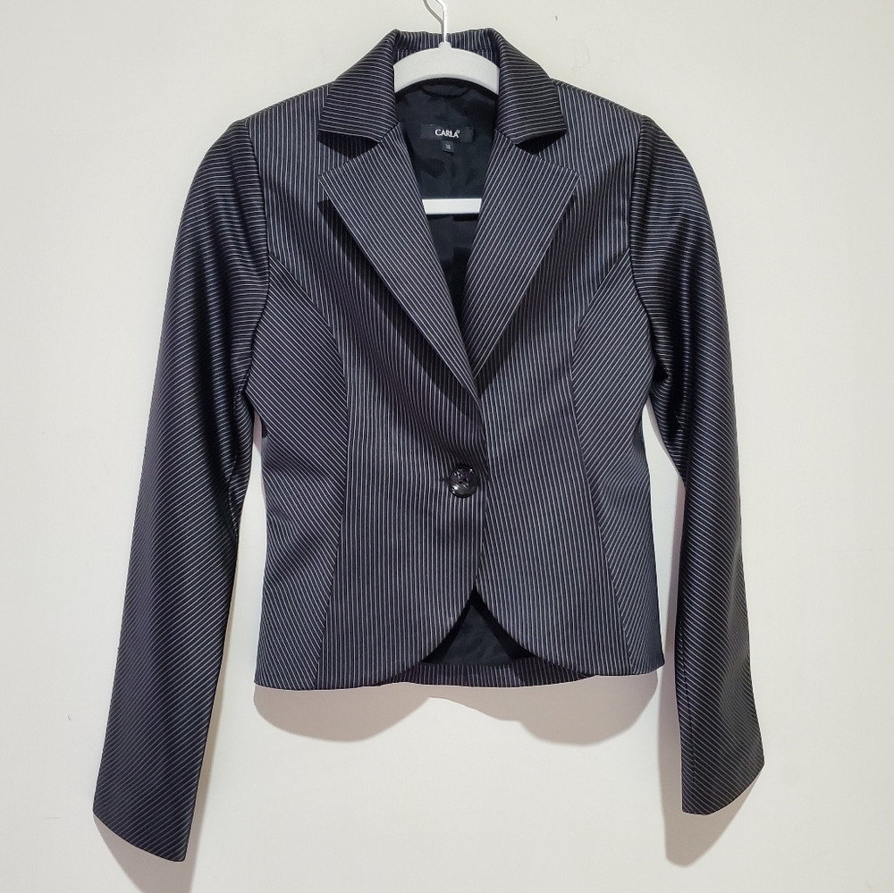 Carla Satin Effect Gray Striped Suit With Jacket and Skirt Size S - Picture 2 of 9